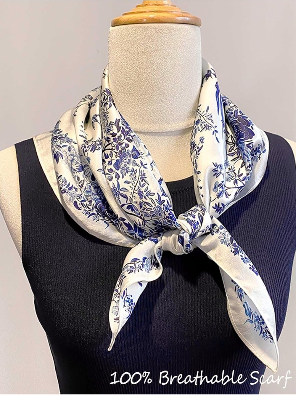 Blue Lightweight Satin Floral Neck Scarf  Bandana - Picture 3 of 5